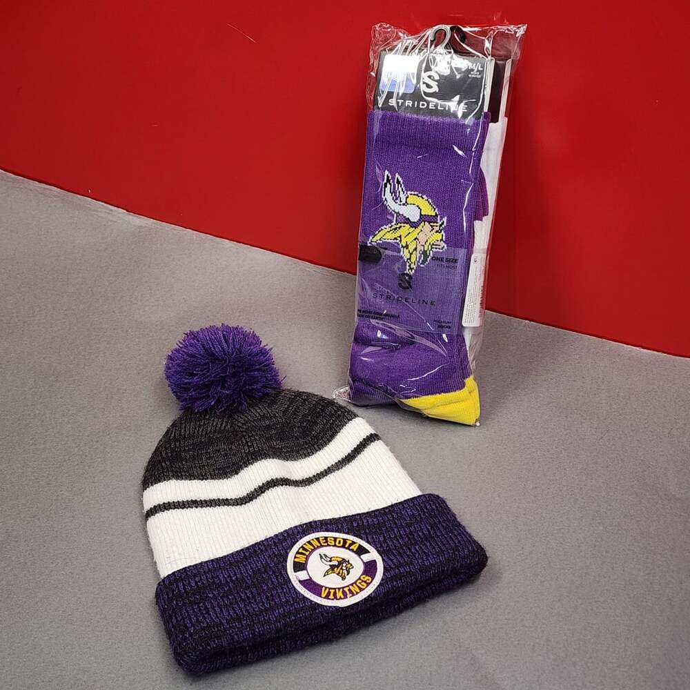 Minnesota Vikings Pom Knit Beanie & Strideline Socks Bundle